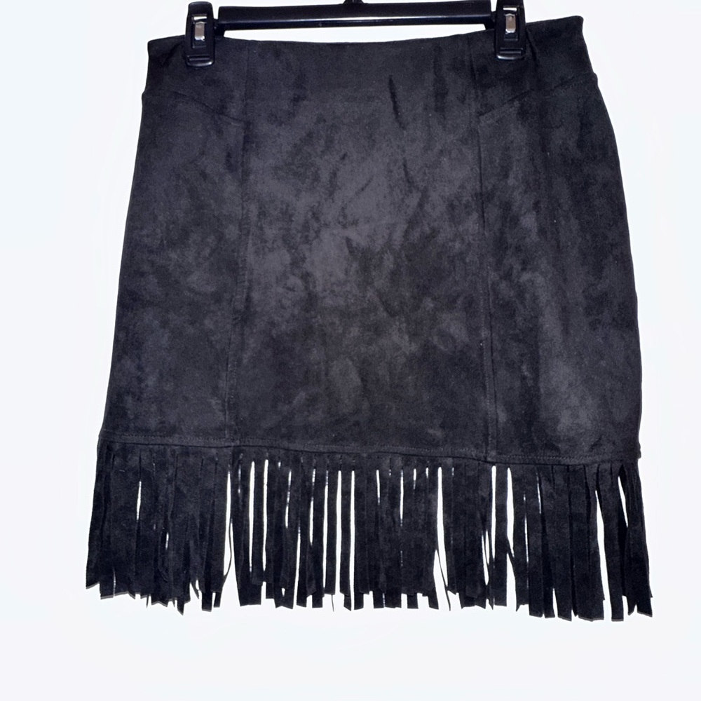 Love Riche Black Suede Fringe Mini Skirt